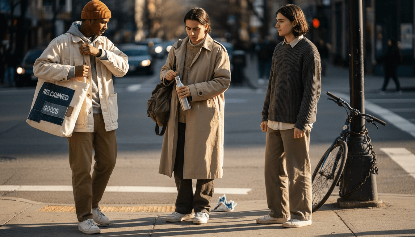 Young adults in sustainable streetwear at city crosswalk