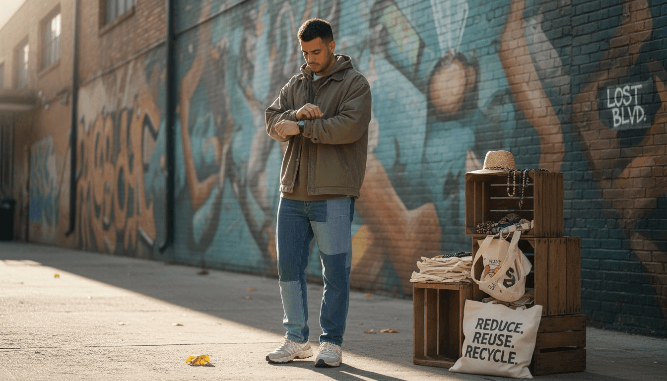 Young adult in eco streetwear urban scene