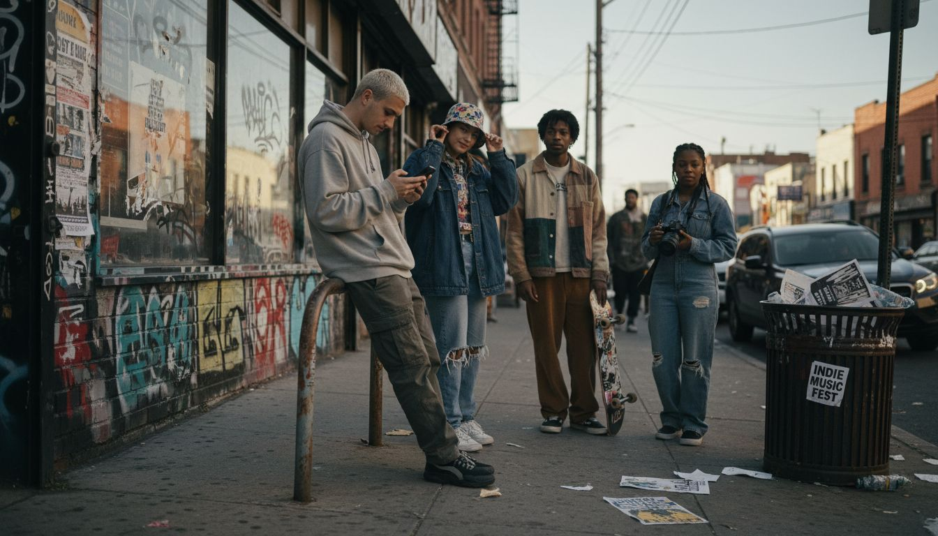 Young adults in city streetwear gathering