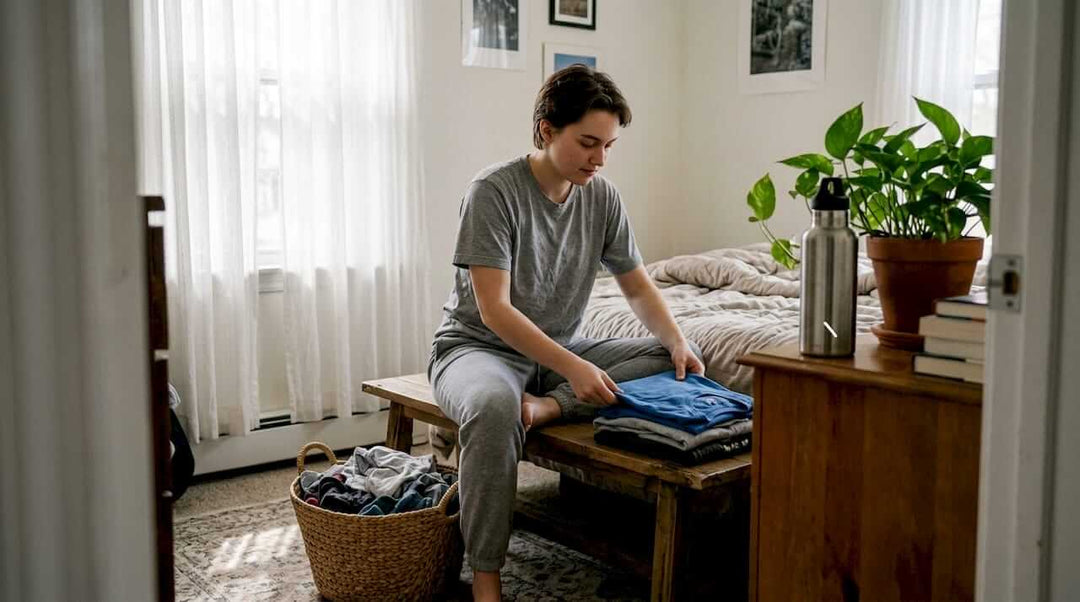 Person folding clothes in sunlit bedroom