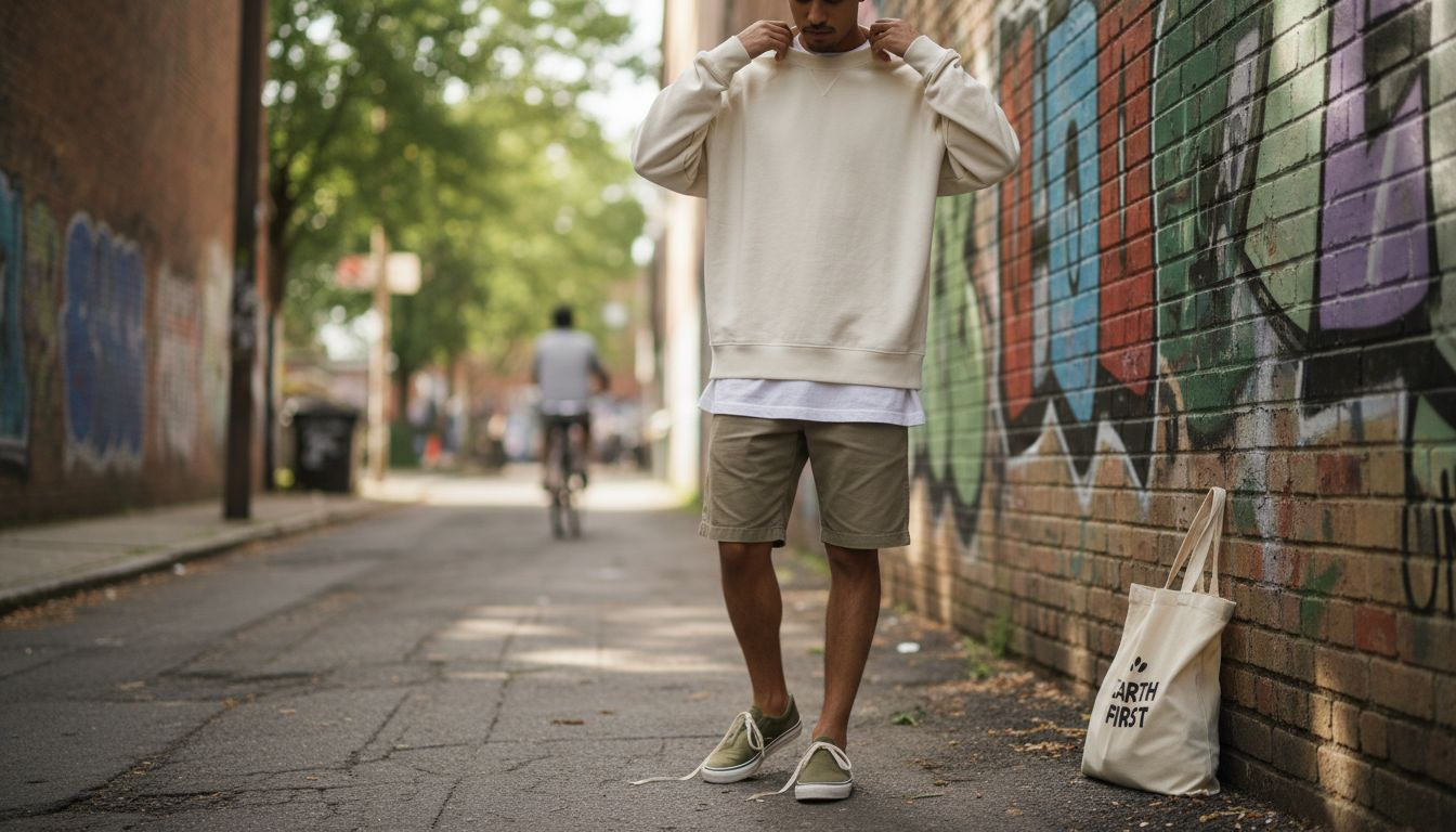 Urban streetwear look with sustainable pieces