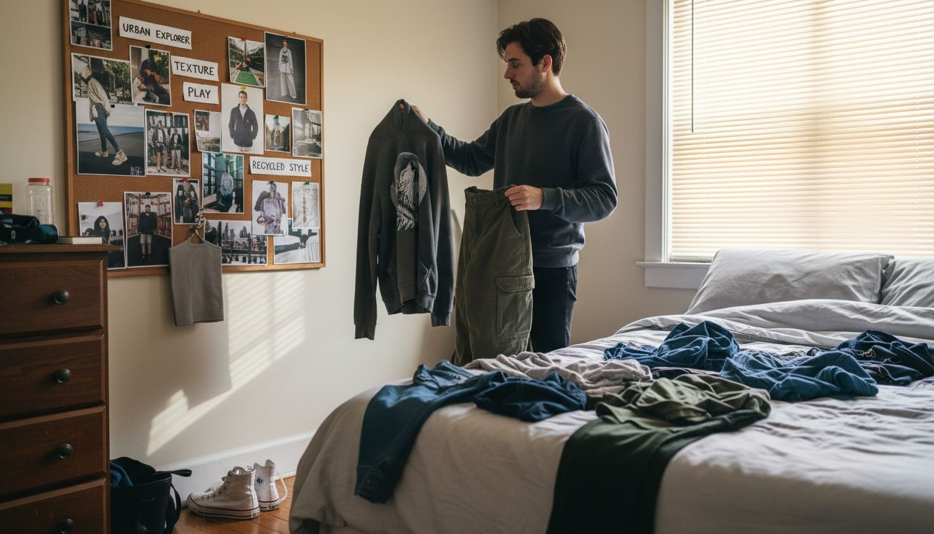 Person choosing streetwear pieces in messy bedroom
