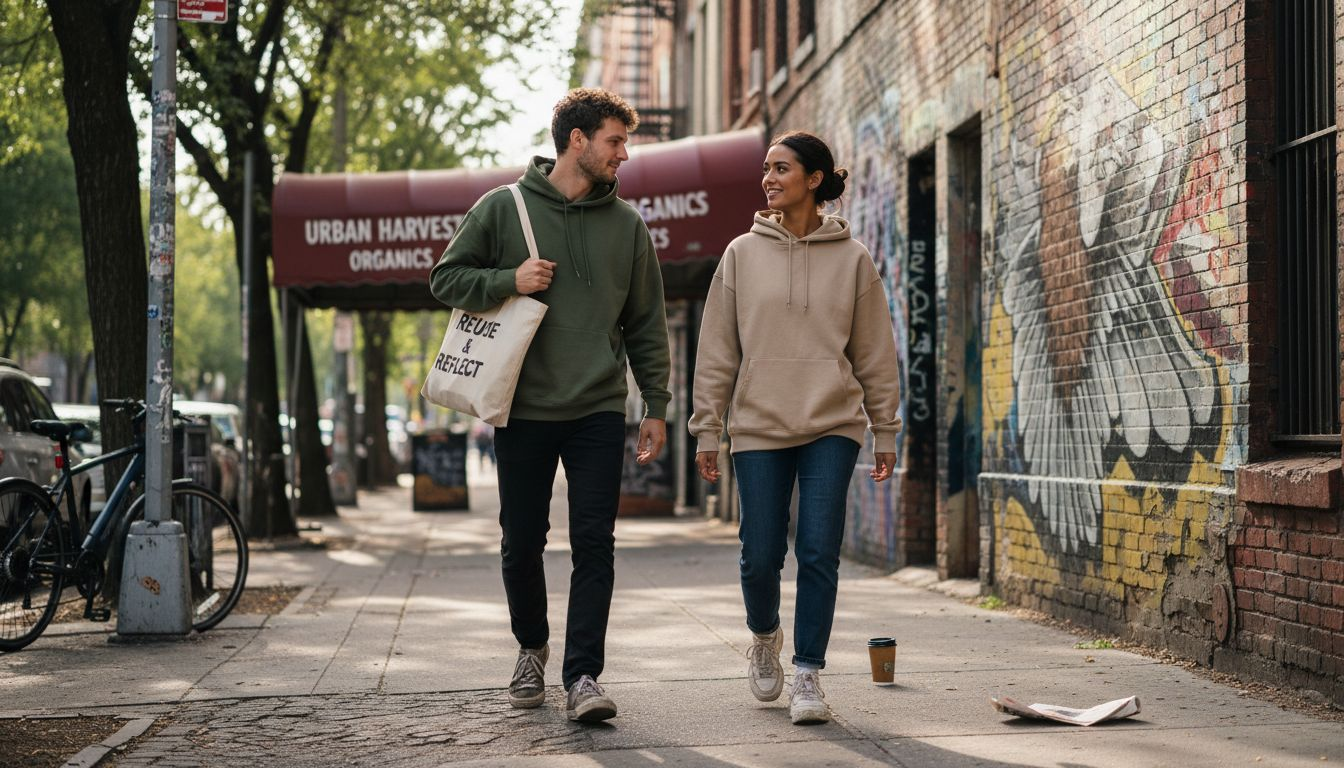 Young adults in eco-friendly streetwear on city street