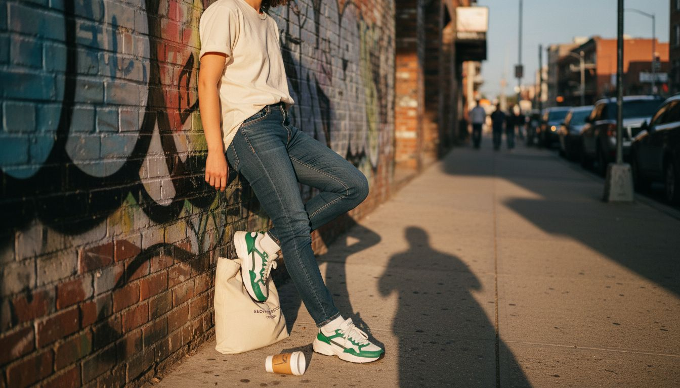 Person in eco-friendly t-shirt streetwear by graffiti wall