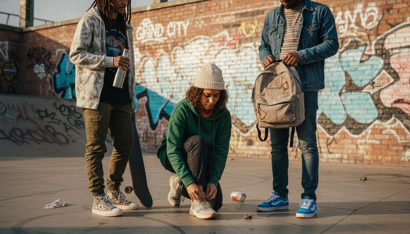 Group comparing streetwear outfits in urban skate park