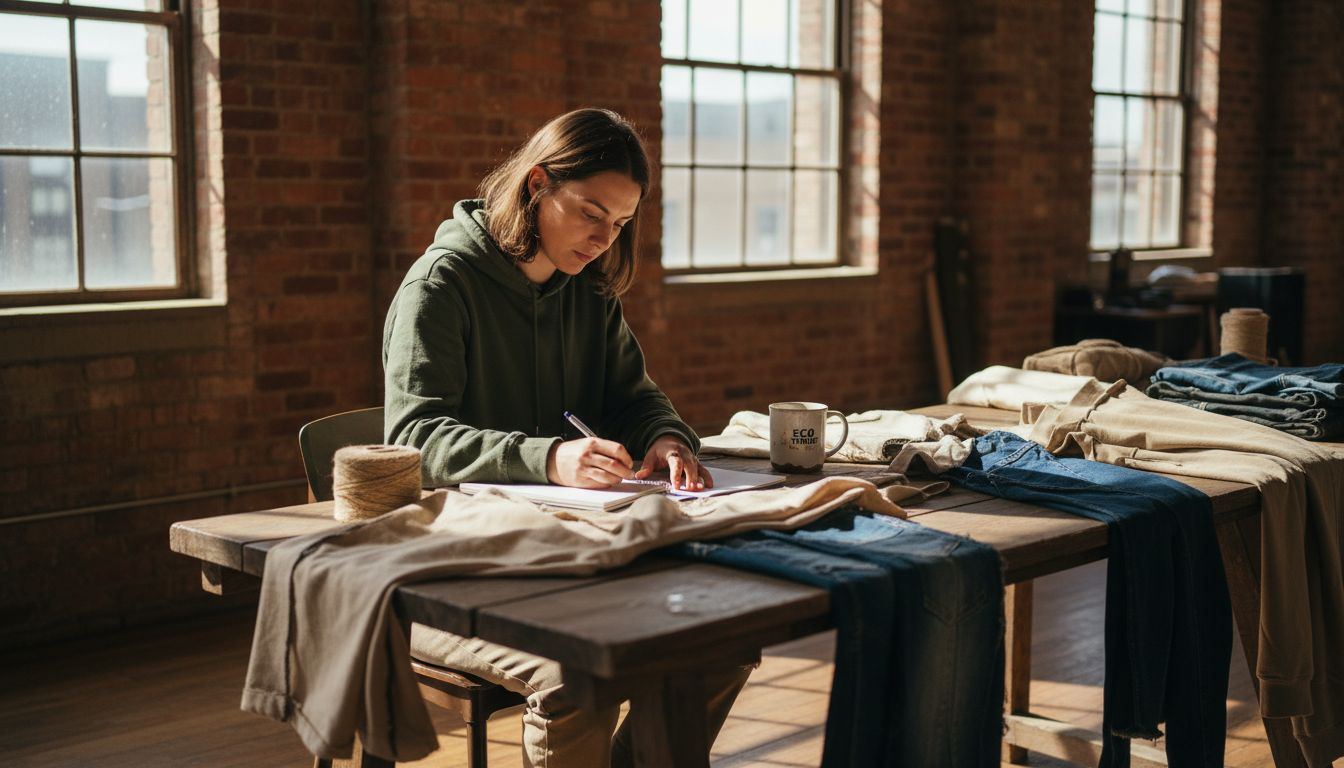 Streetwear designer evaluating eco-friendly fabrics