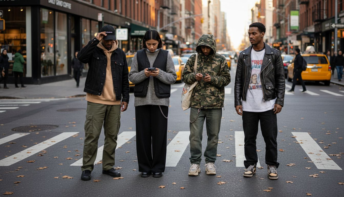 Diverse youths in gender-neutral streetwear on city street