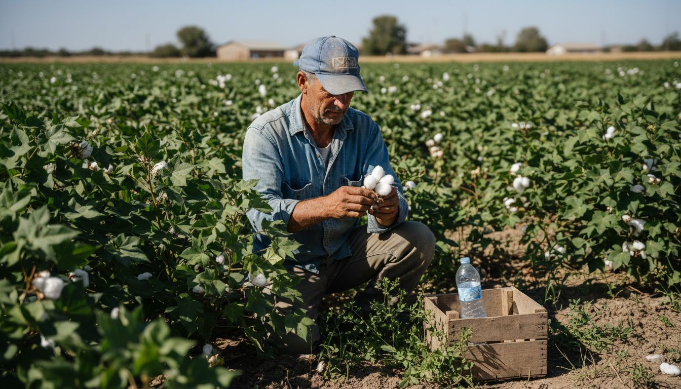 Organic cotton farmer inspecting crop outdoors