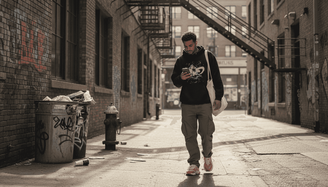 Young man in urban streetwear walking alley