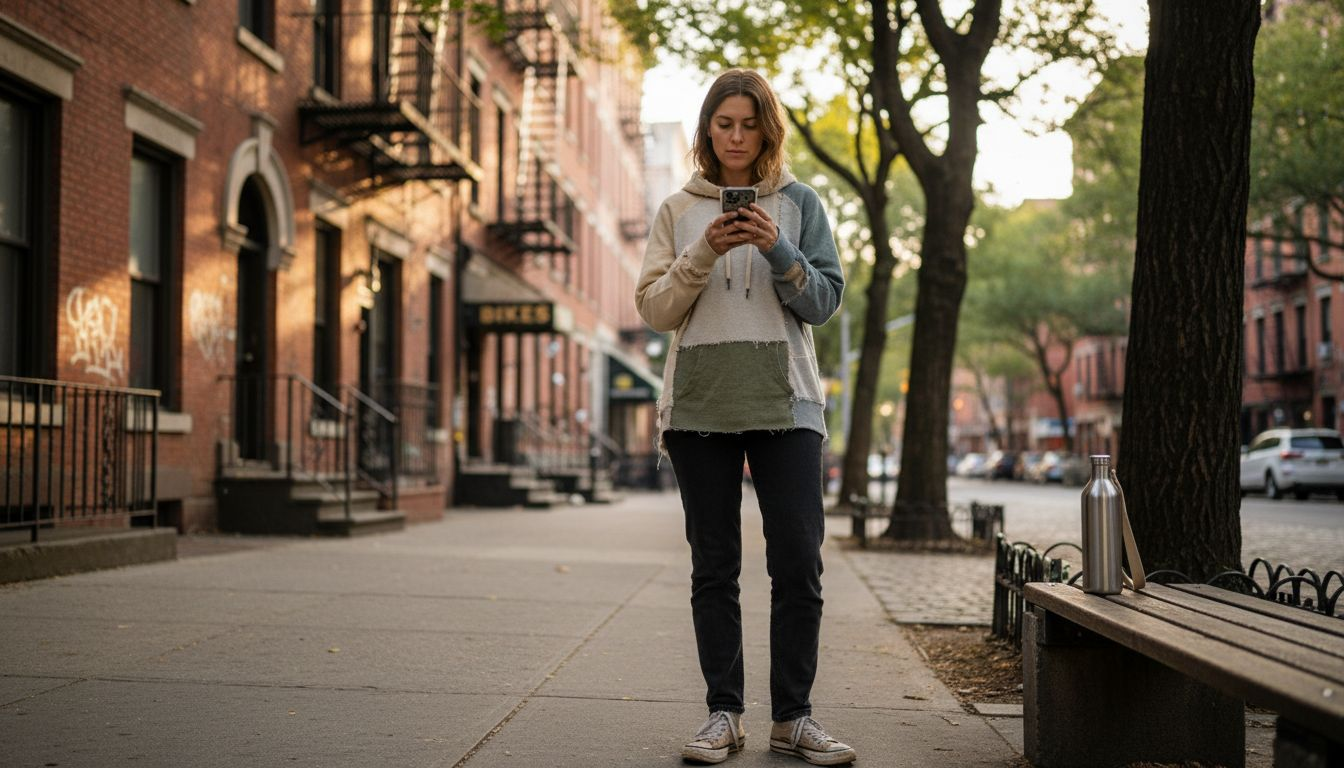 Woman in sustainable streetwear on city sidewalk