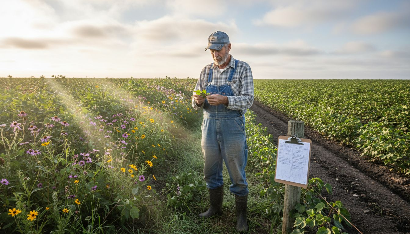 Farmer comparing organic and conventional cotton fields