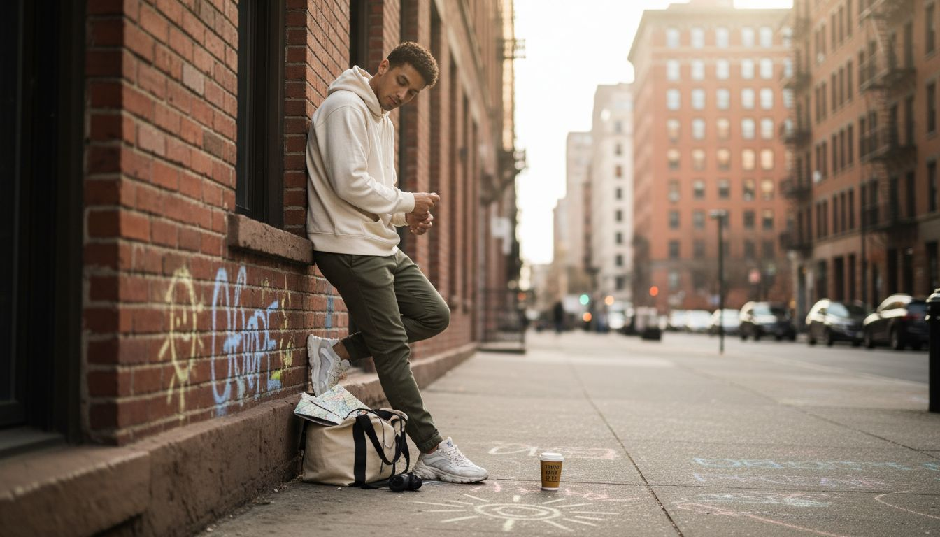 Man in streetwear leaning against brick wall