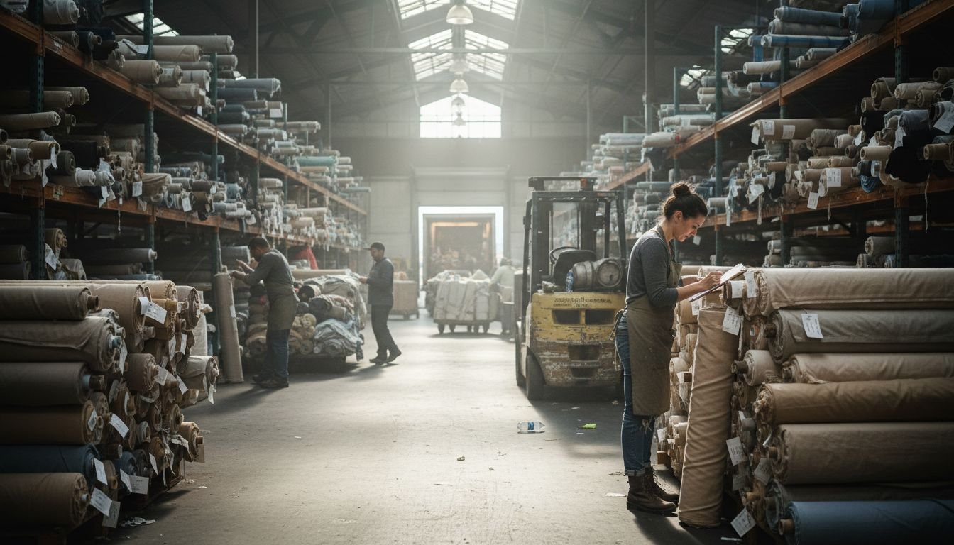 Textile worker inspects organic cotton rolls