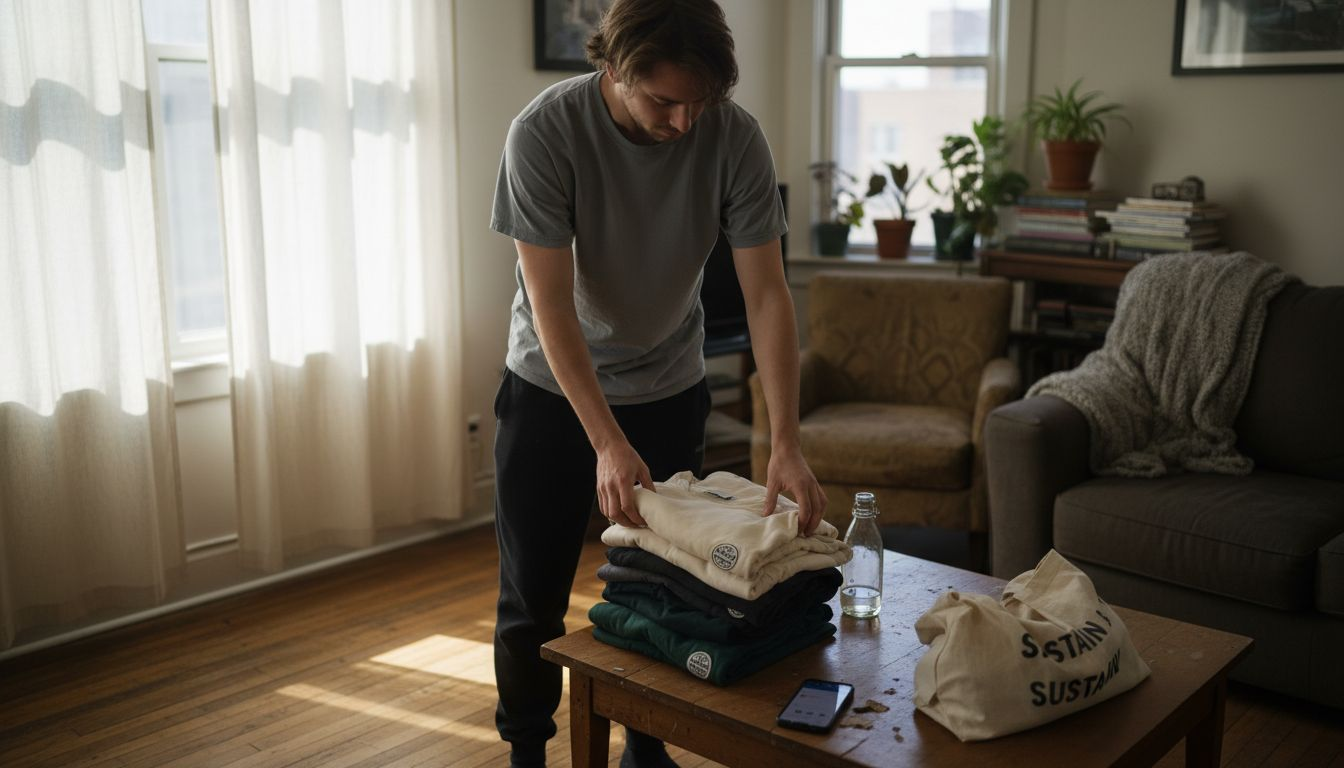 Young man sorting sustainable streetwear basics
