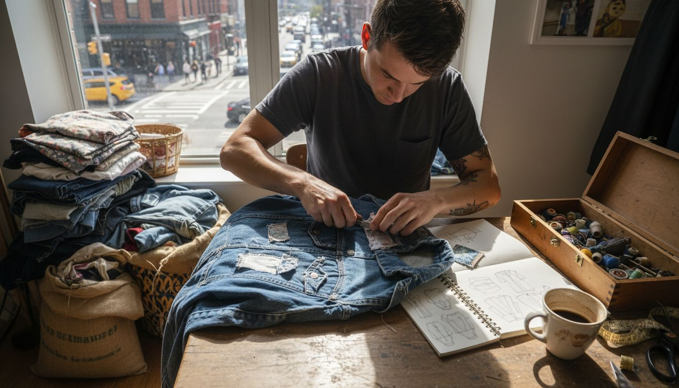 Designer upcycles denim streetwear in workspace