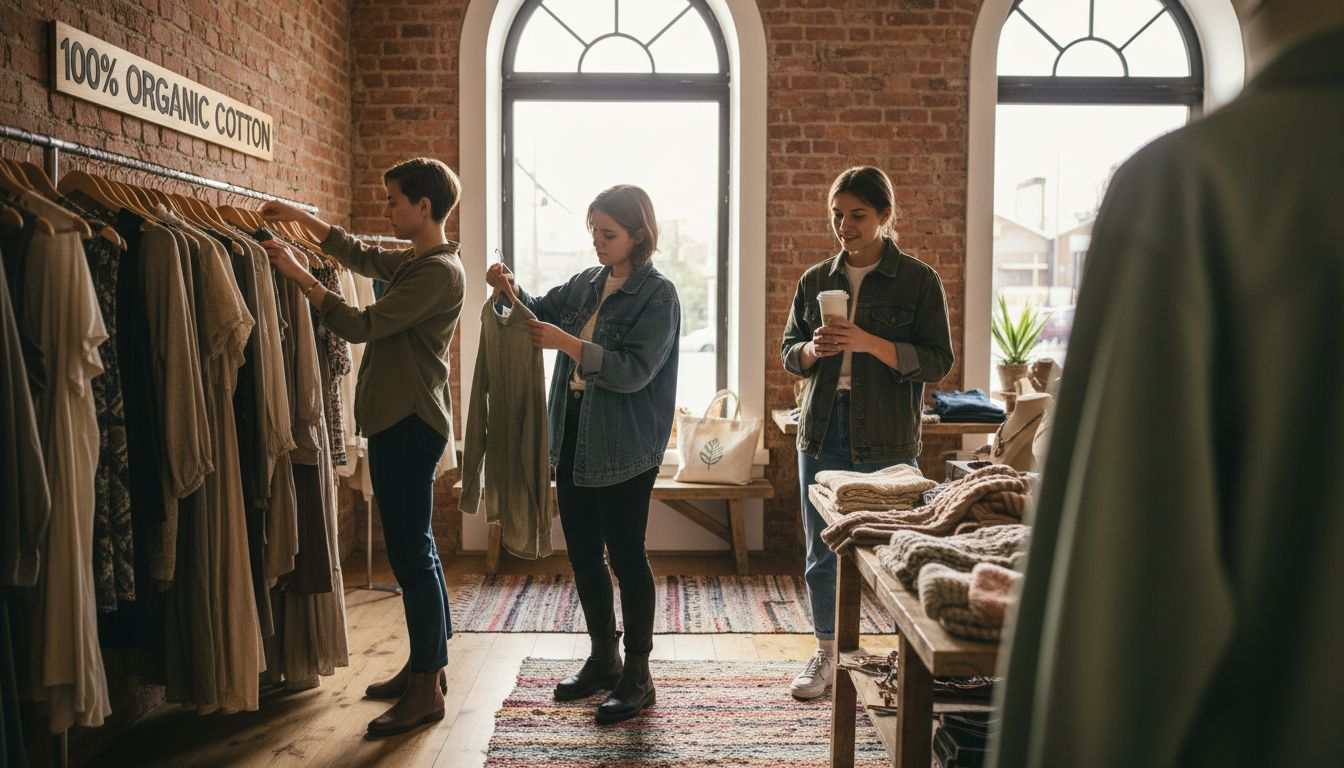 Shoppers examining eco-fashion streetwear displays