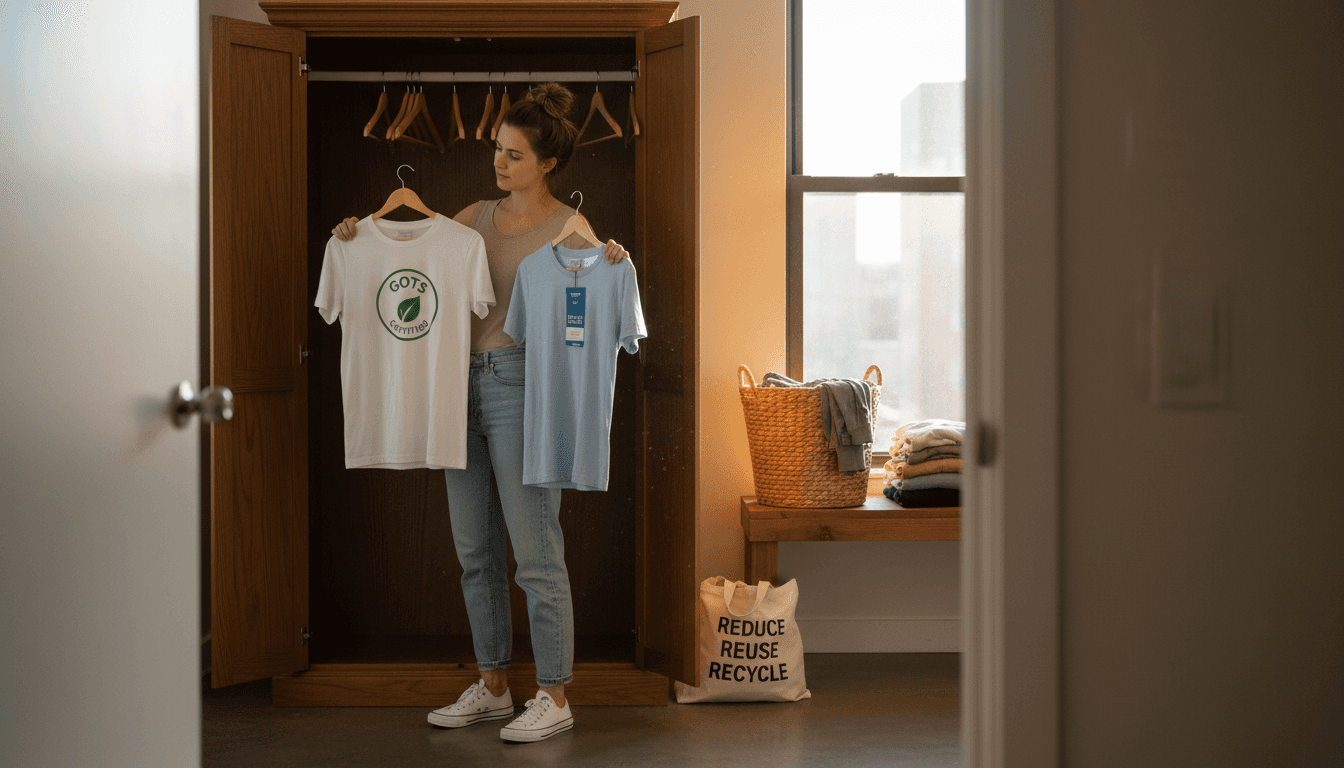Woman choosing sustainable streetwear from wardrobe