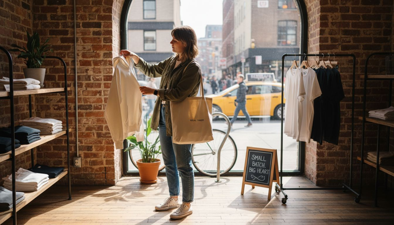 Woman examining organic streetwear hoodie in boutique