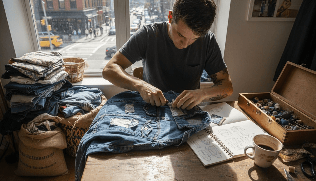 Designer upcycles denim streetwear in workspace