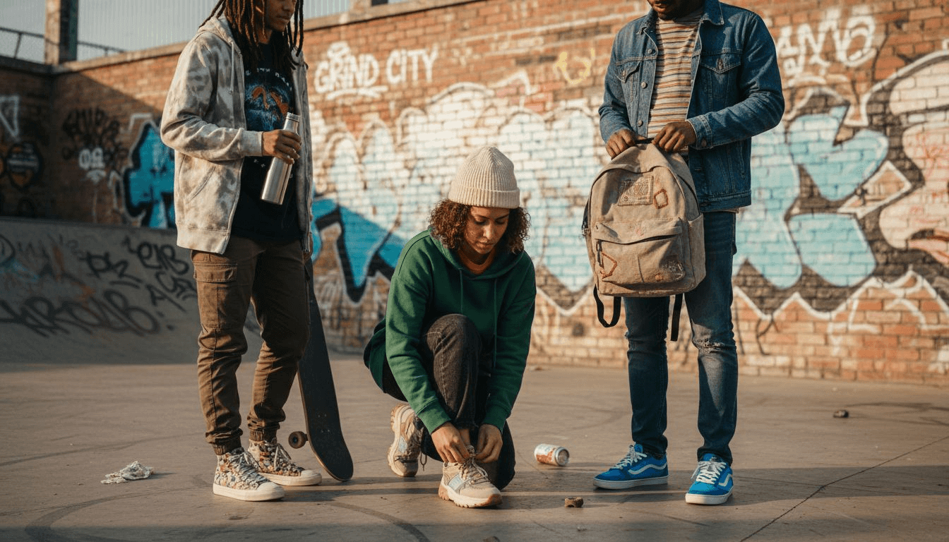 Group comparing streetwear outfits in urban skate park
