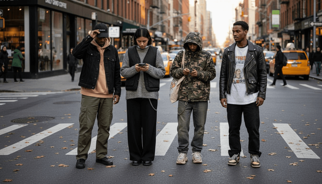 Diverse youths in gender-neutral streetwear on city street