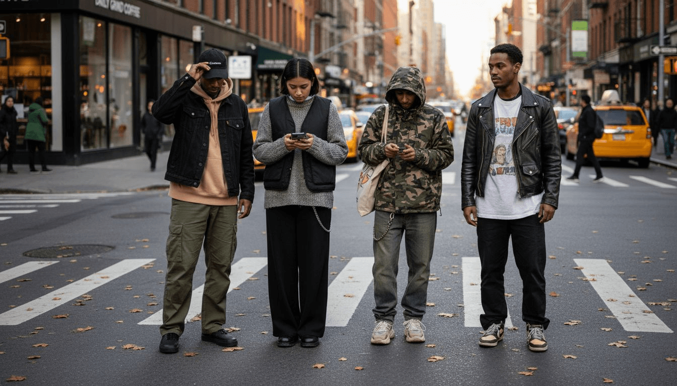 Diverse youths in gender-neutral streetwear on city street