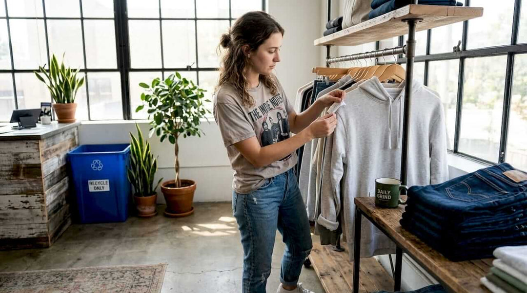 Shopper examining eco-friendly clothing label
