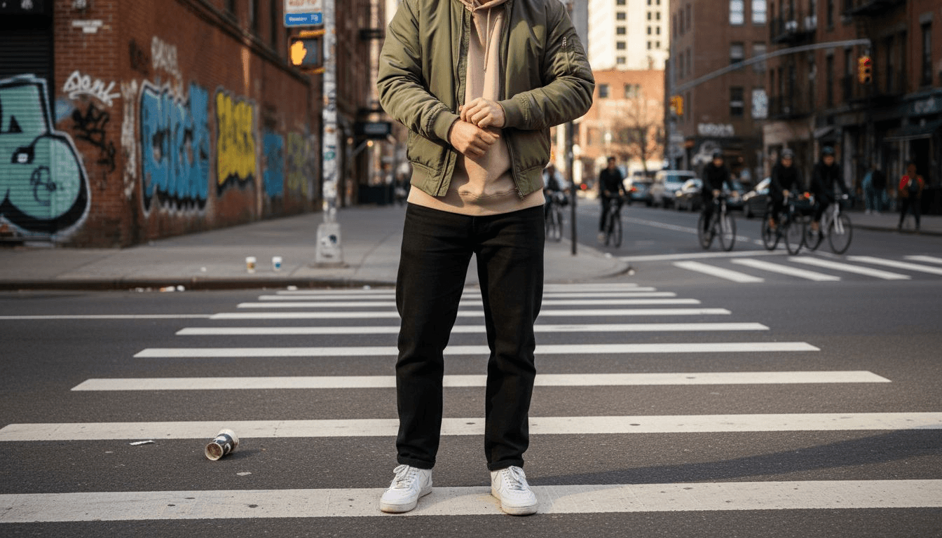 Young man in layered streetwear at city crosswalk