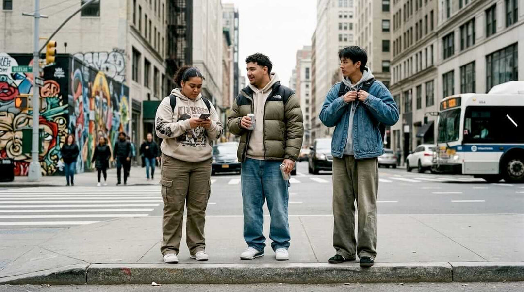 Diverse group in streetwear at city crosswalk