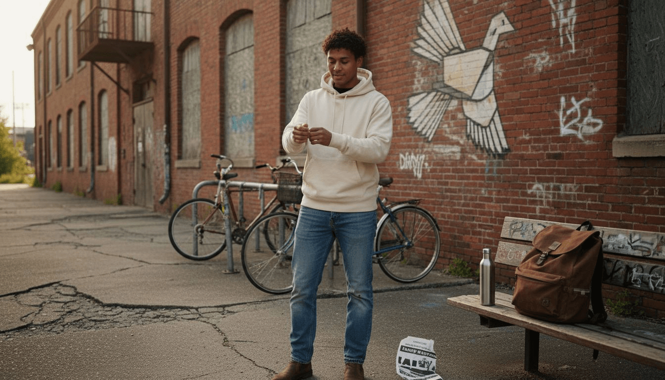 Person styling sustainable streetwear outside warehouse