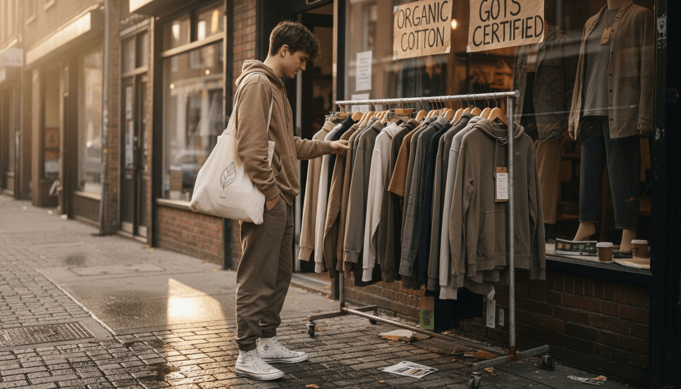 Eco streetwear shopper outside urban boutique