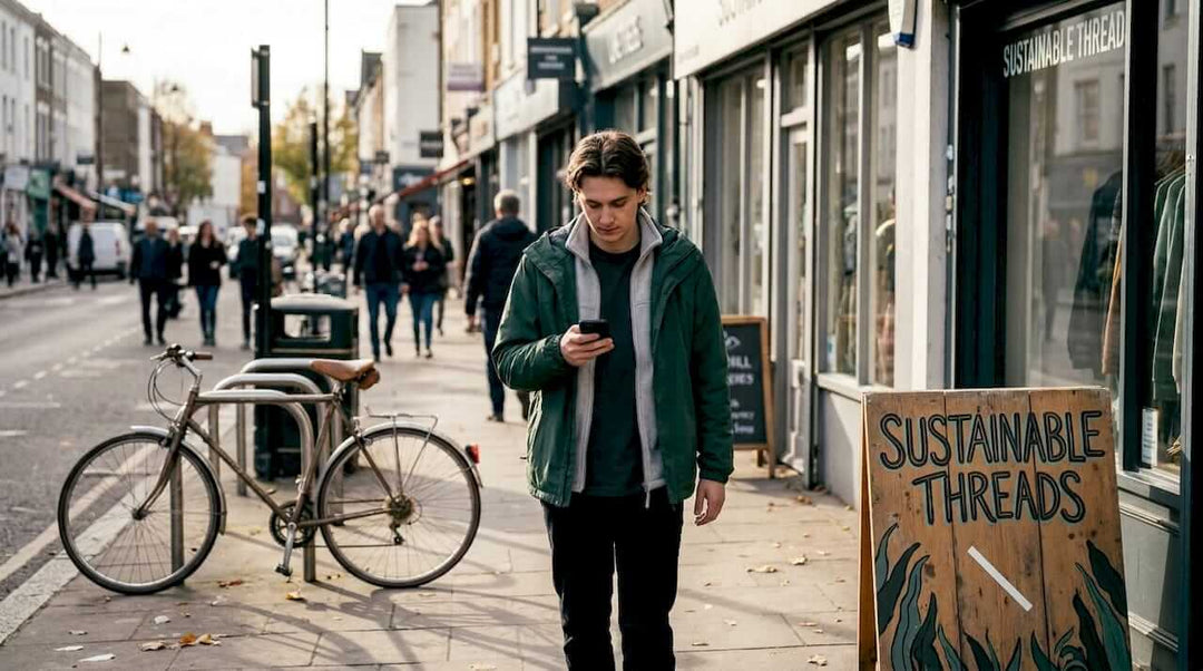 Person layering streetwear walking city street