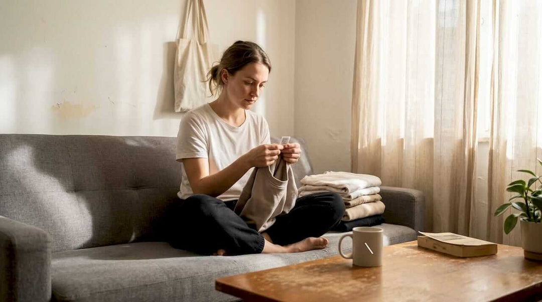 Minimalist checking organic apparel label on sofa