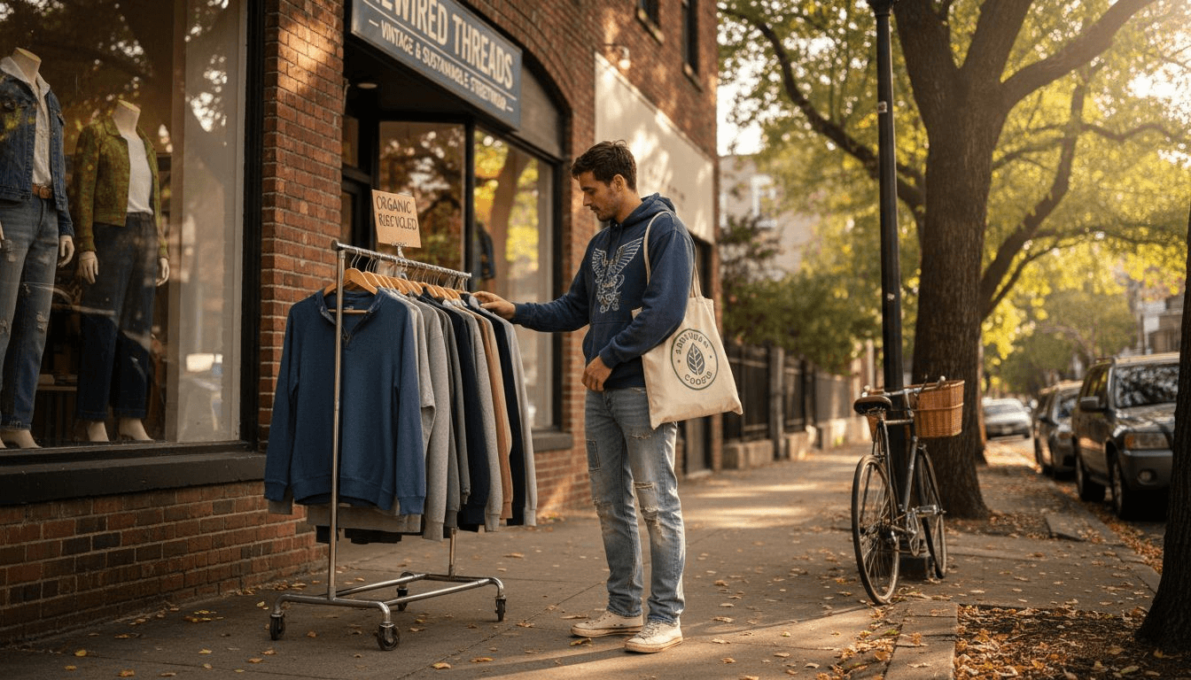 Young man browsing eco-friendly streetwear rack