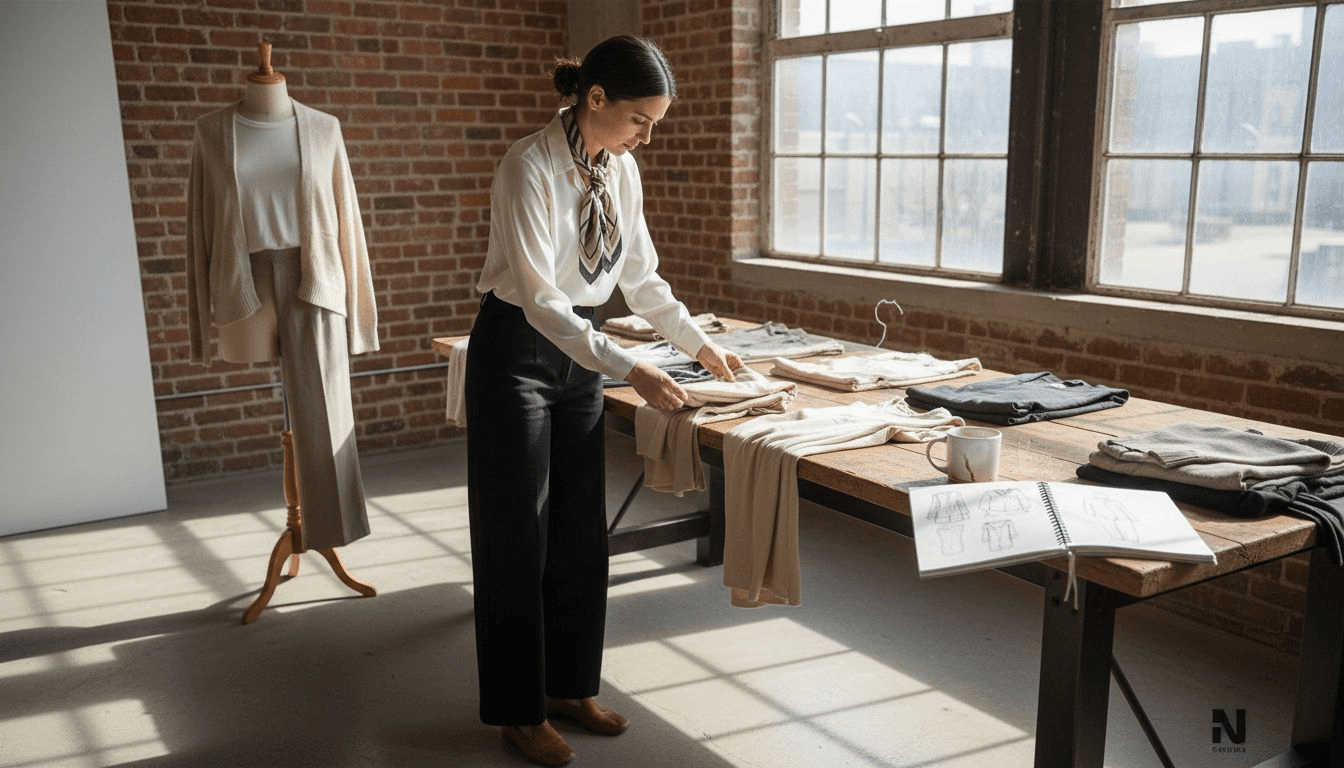 Designer arranges minimalist clothing samples studio