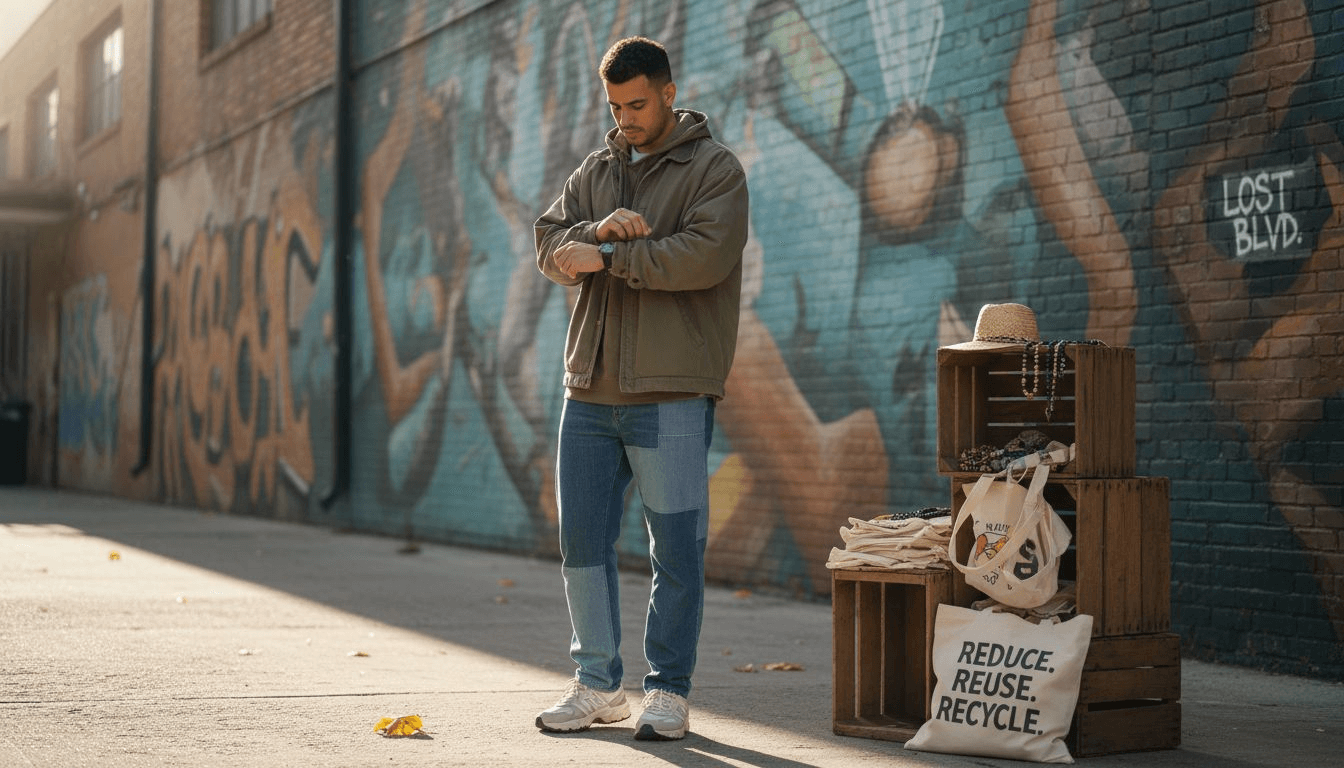 Young adult in eco streetwear urban scene