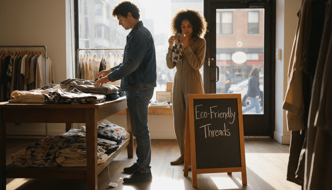 Shoppers browsing eco-friendly fashion store