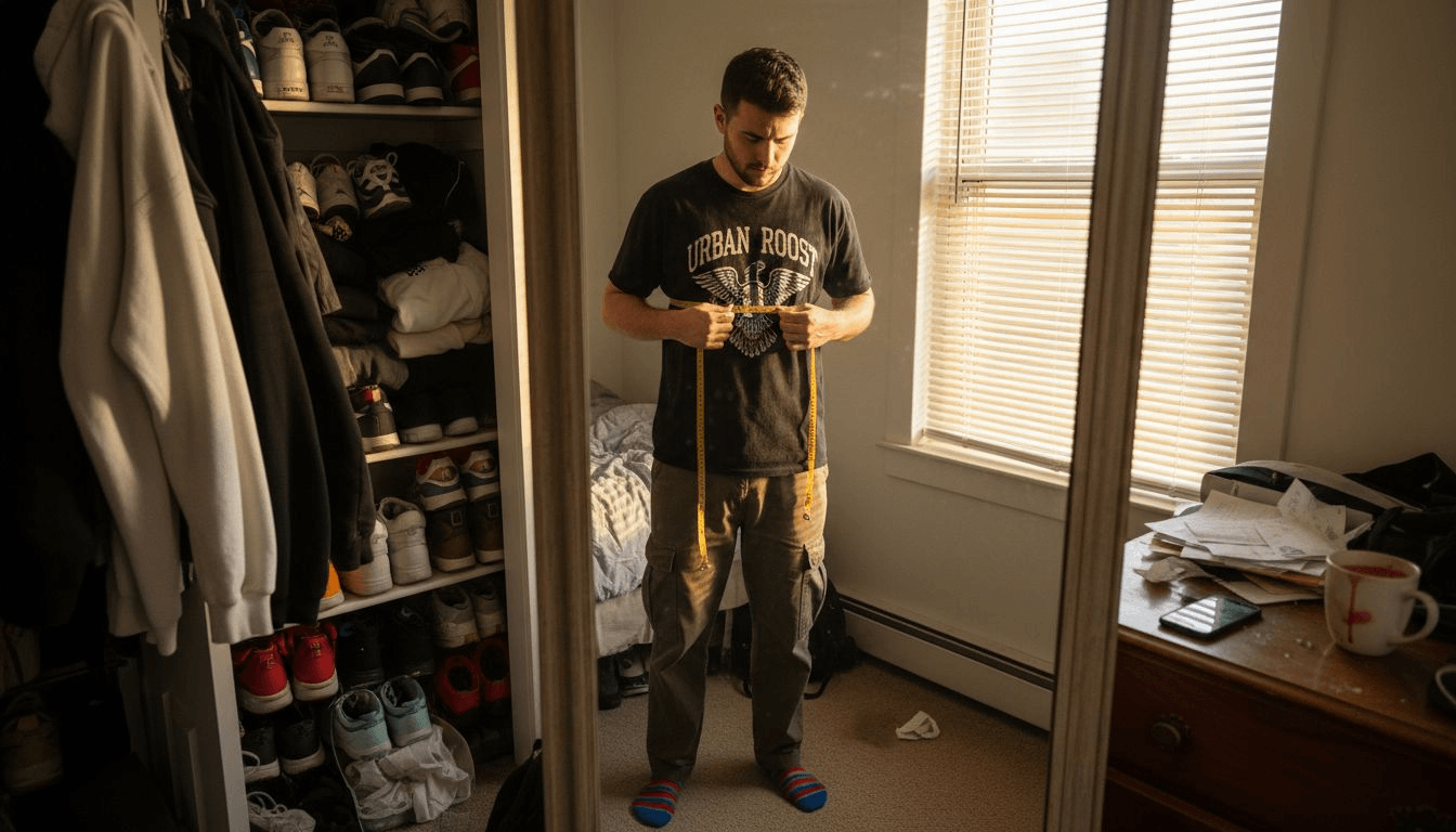 Man measuring chest wearing streetwear in bedroom