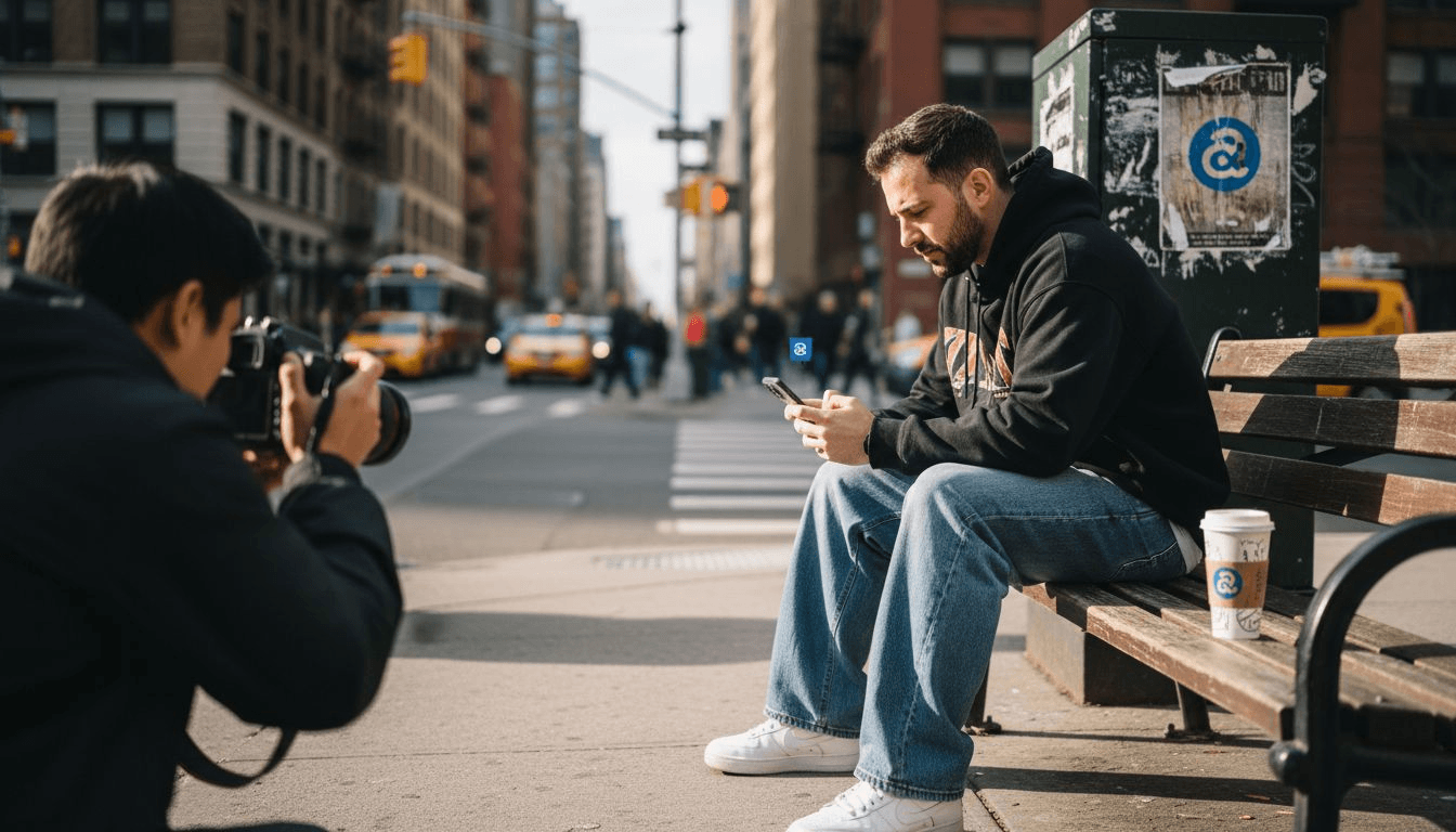 Streetwear influencer checks phone at city intersection