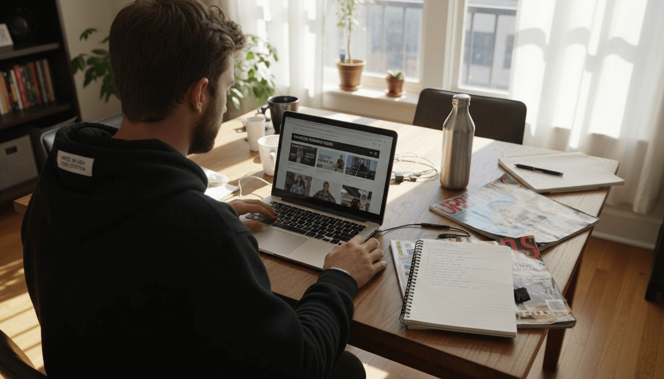 Young man tracking streetwear trends at home