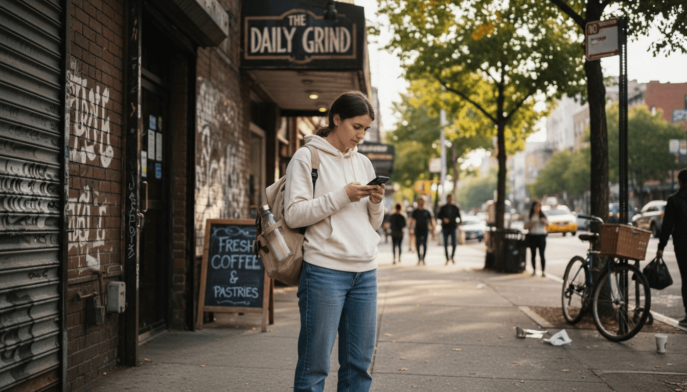 Woman wearing organic streetwear outside cafe