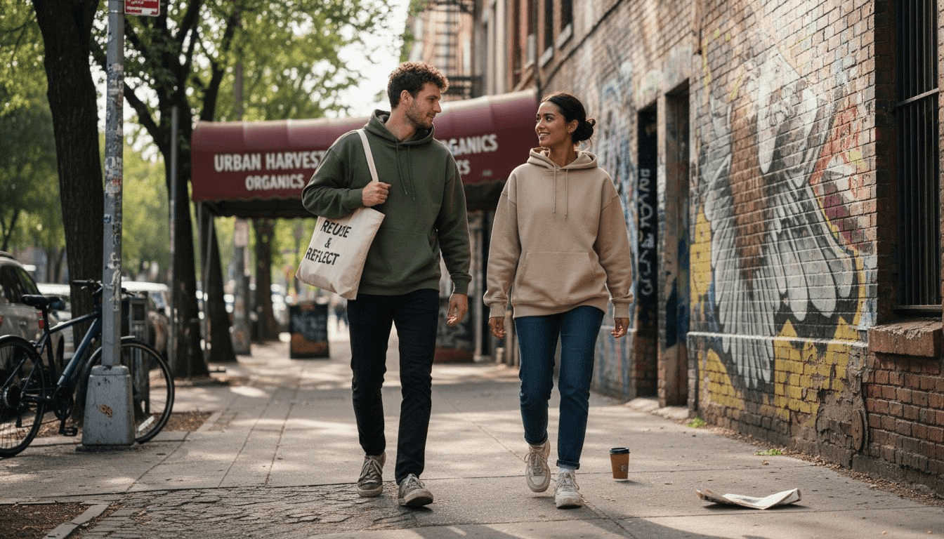 Young adults in eco-friendly streetwear on city street