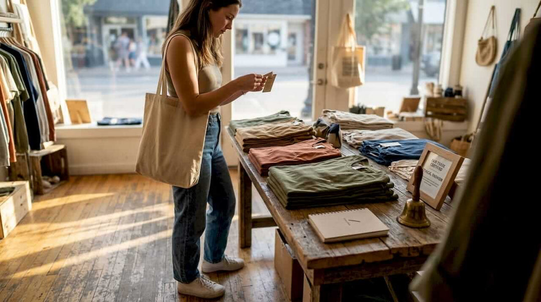 Shopper reading Fair Trade tag in boutique