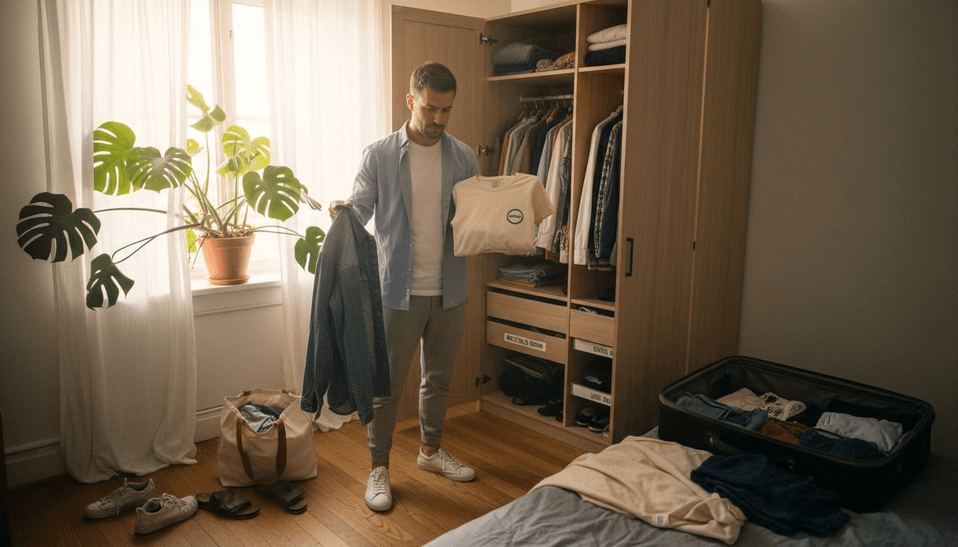 Man choosing sustainable wardrobe essentials