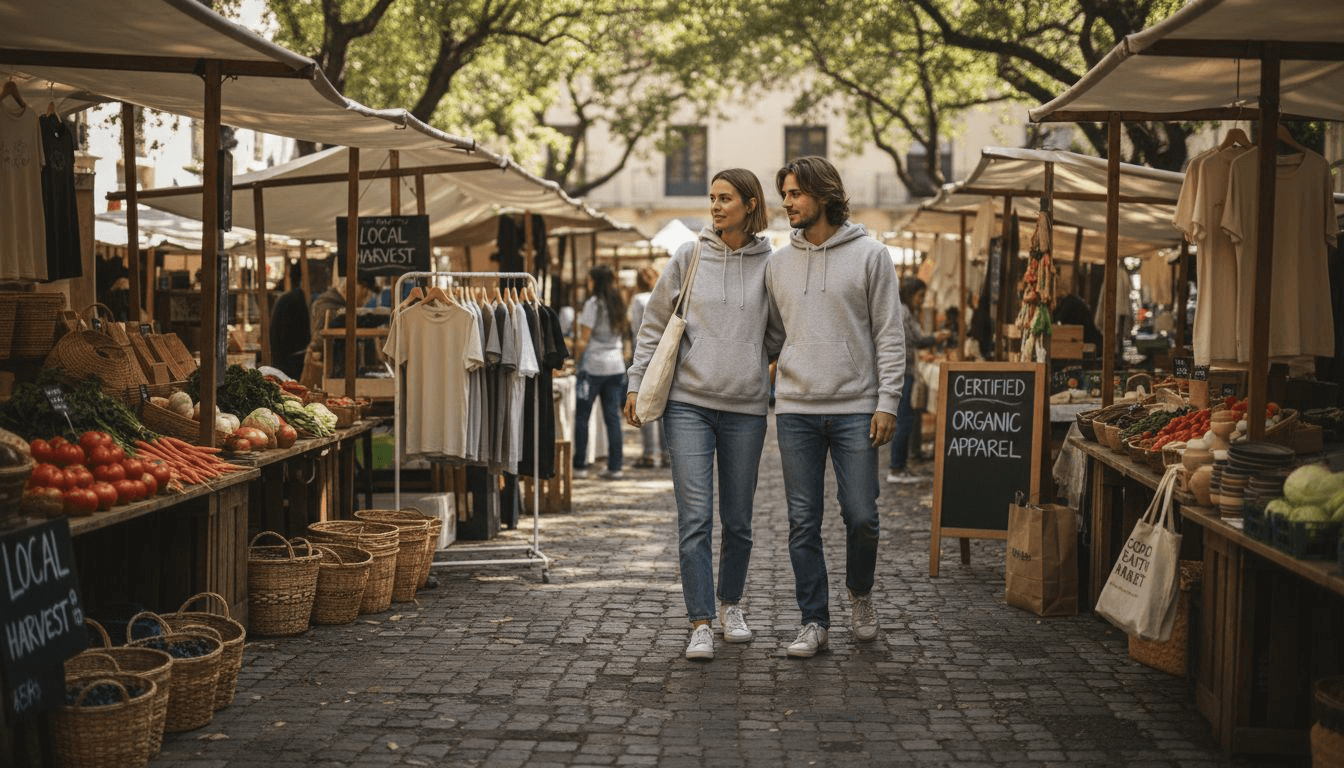 Couple wearing organic clothing at farmer’s market