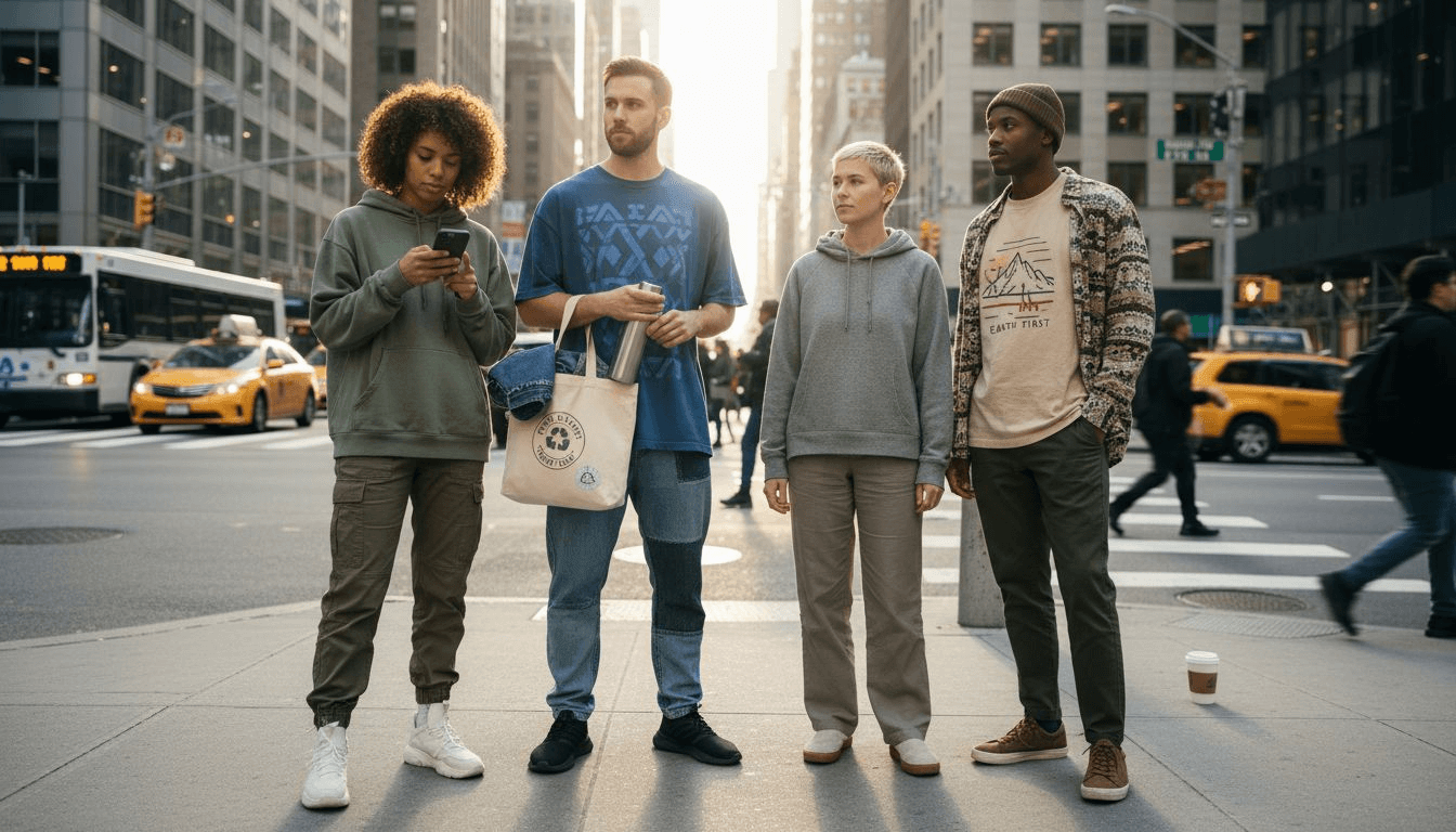 Millennials in sustainable streetwear on city street