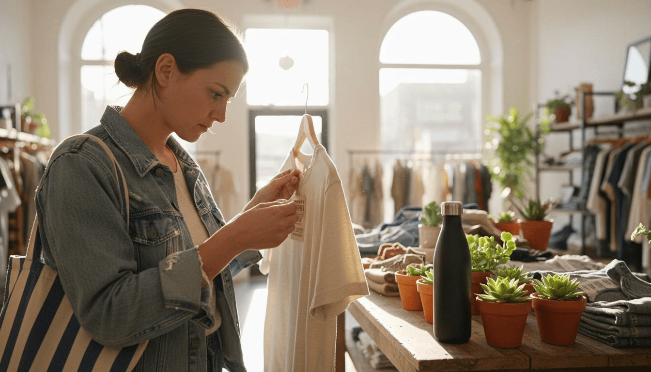 Shopper reading tag on sustainable fabric shirt