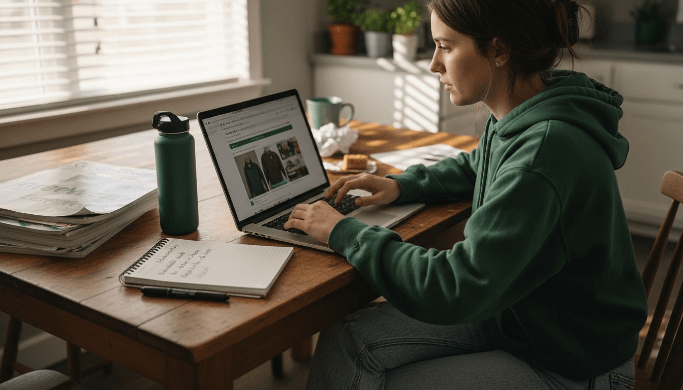Woman shopping organic apparel with certification notes