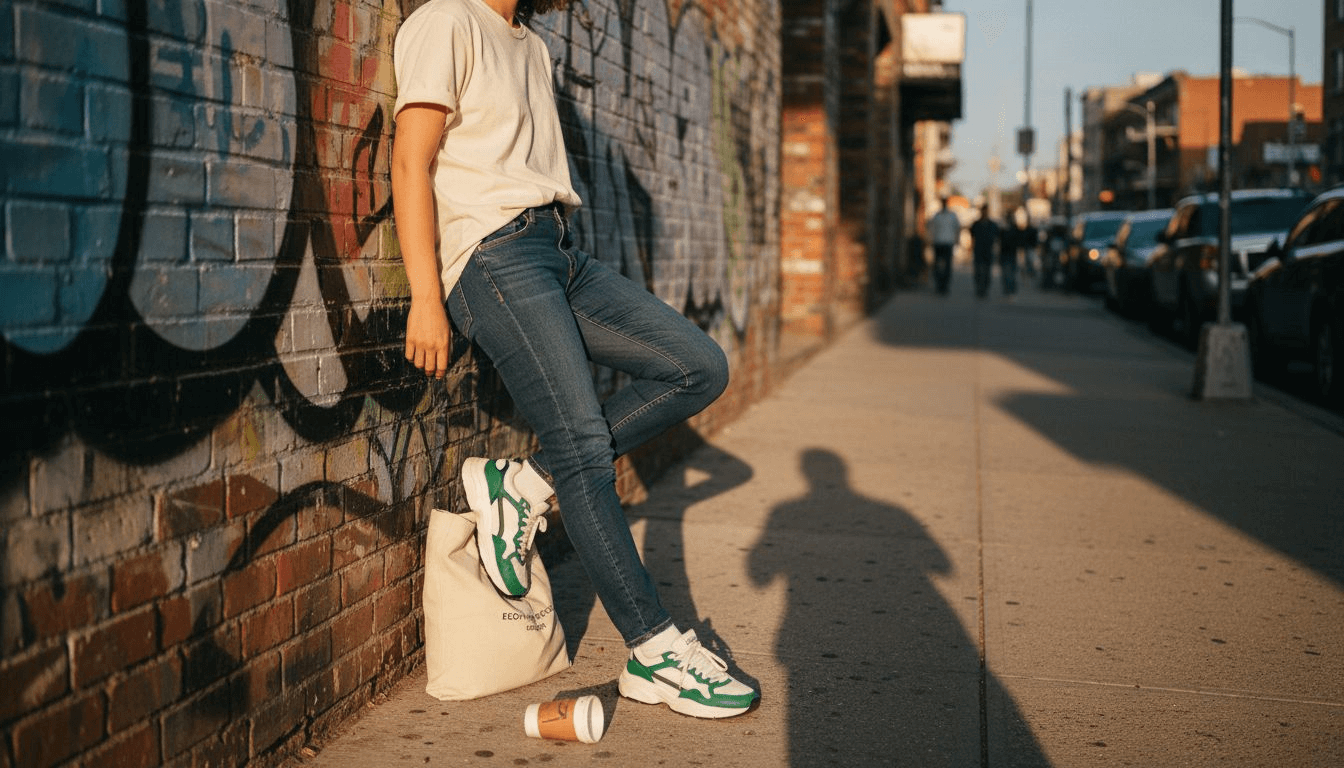 Person in eco-friendly t-shirt streetwear by graffiti wall
