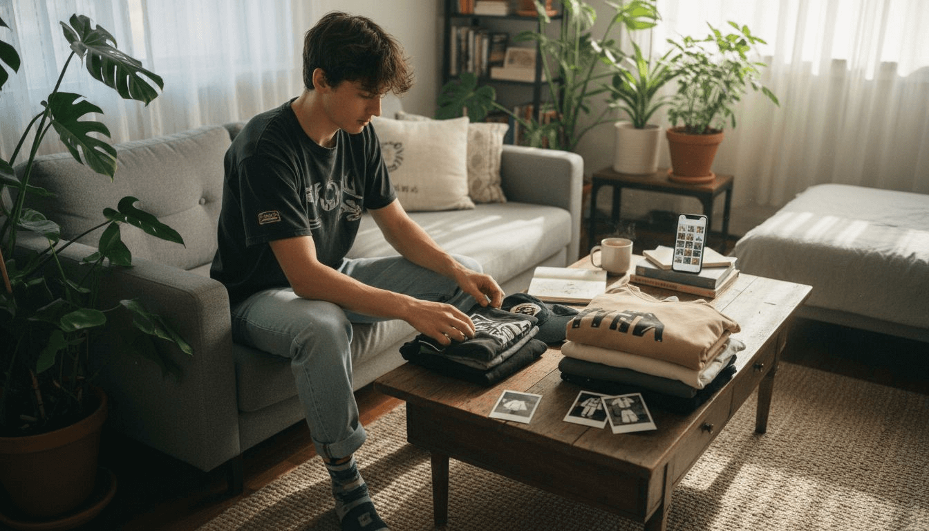 Person sorting streetwear on coffee table